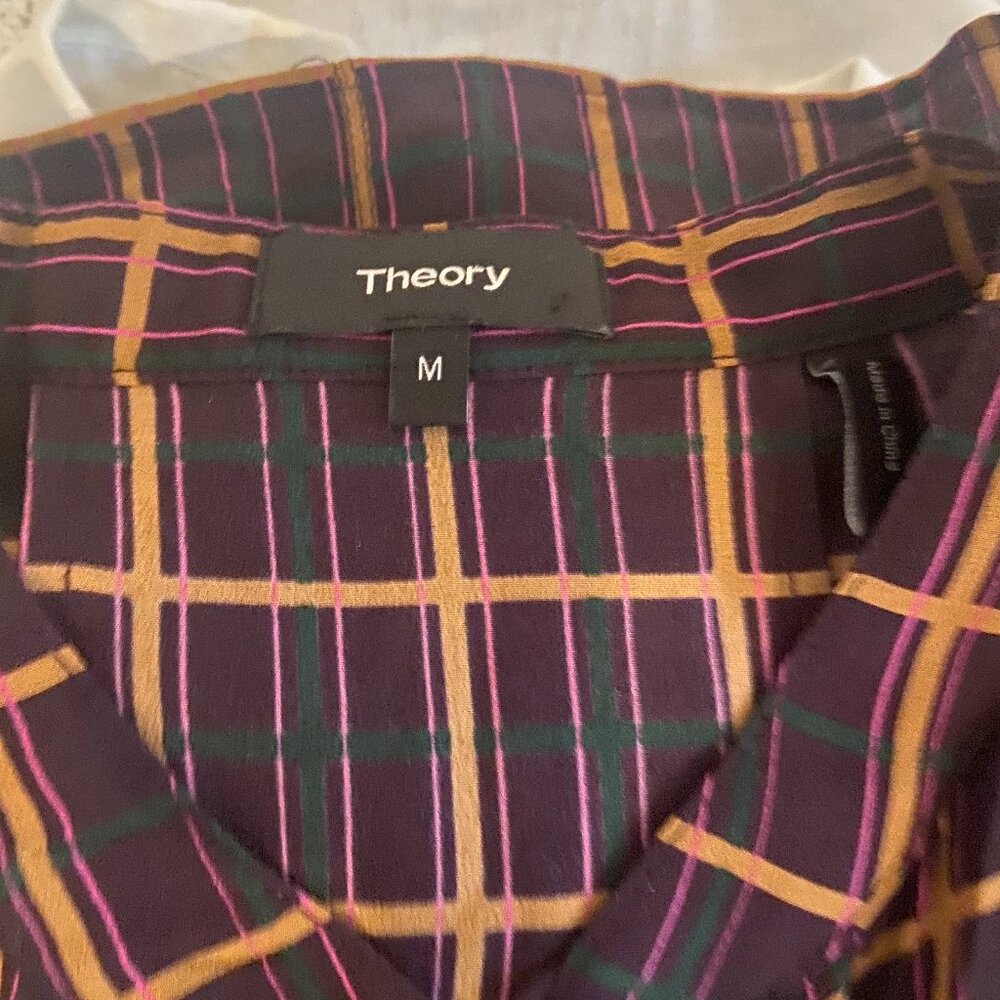 Burgundy and gold plaid silk Theory blouse